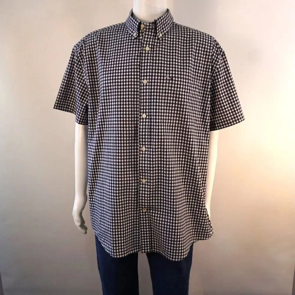Tommy Hilfiger Mens XL Shirt Gingham Button Down Classic Fit Stretch Short Sleev